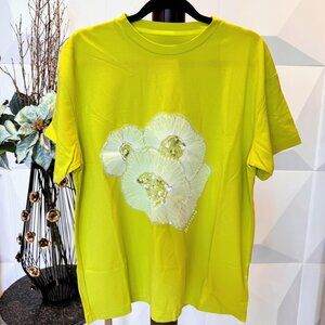 Oversized Floral T-Shirt w/ Lace & Gemstone Detail – Free Size